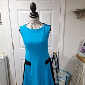 Calvin Klein Turquoise Blue Fit-and-Flare Dress with Black Insets